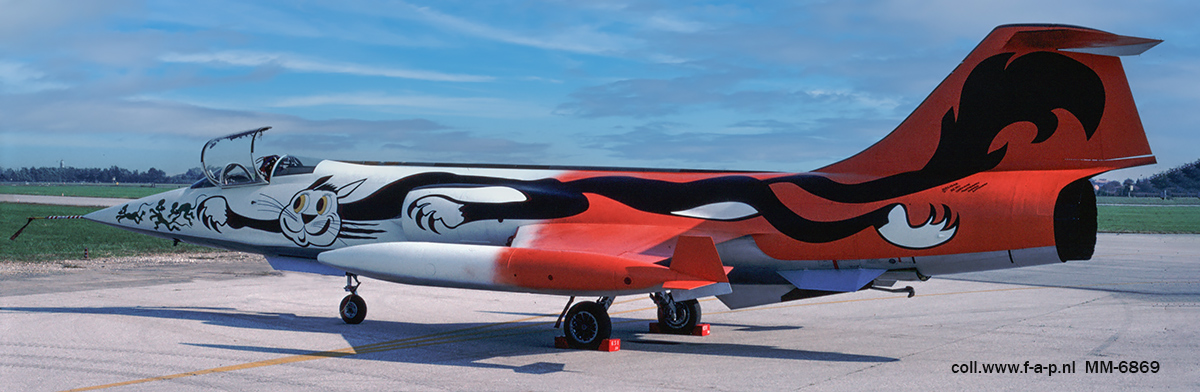 Aeritalia F-104S ASA-M Starfighter  MM-6869 c/n-783-1169   51 Stormo,the 01 Black Cat" 22Gruppo  in special colour scheme Only half of the aircraft is painted in special colours, the other side being painted in the usual grey/green camo. 