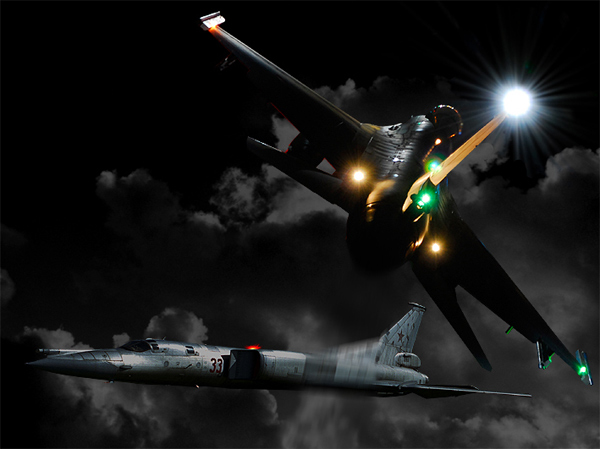 DIGITAL ART!   An interception of a Russian Tu-22M Backfire by an F-16!<br>Made with Photoshop CS-3<br> With a night shot of a Dutch F-16<br> and a daytime shot of a Russian Tu-22M Backfire of the Monino Aircaft Museum near Moskow, Russia.<br>Nikkor 17/55 AF/s 1/2,8G Lens F-2,8 1/320-sec 100-Iso focal lengt 17,4.MM.<br> and 15sec F-7,1 400-Iso.focal lengt 55MM.
