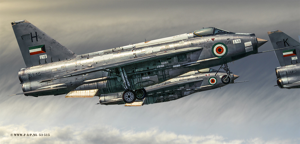 Digital art of: Britsh Aircraft Corparation  Lightning  F53 of the Kuwait Production Batch the 53-415 G27-83  c/n-95308,  RK.AFB Aj Jaber the Gate guardian.