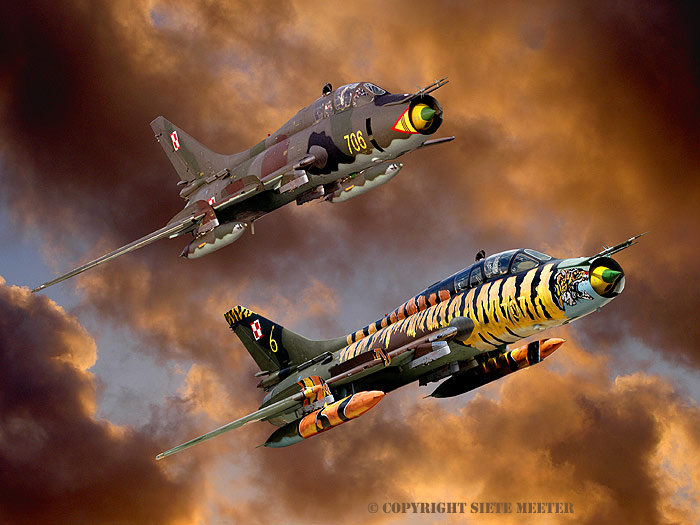 DIGITAL ART Fitters 706 & 707  Two Polisch Su-22 UM-3  Fitters   6-Plm near there home base Powidz in Central Poland.