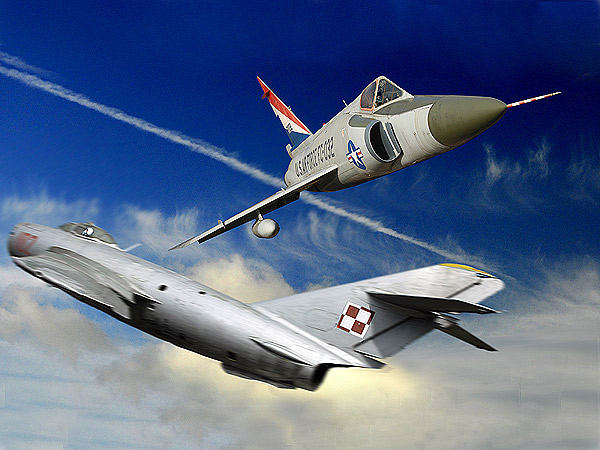 DIGITAL ART     Convair F-102A 55-CO   Delta Dagger.  the 56-61032   of the 32 FIS USAFE.  and a   PZL-Mielec    Limm 6-MR    the  102   of the Polish Air Force.     Photoshop 7.0 did made them fly again! 