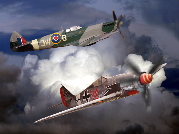 DIGITAL ART   A possible occurrence of the second World War.  A Fokker Wolf the no 10 of the Luftwaffe. and an Spitfire the 3W-B of the R.A.F. now at static display at the Sinsheim Museum Germany and M.L.N Museum at Soesterberg the Netherlands.  Photoshop 7.0 did made them fly again! 