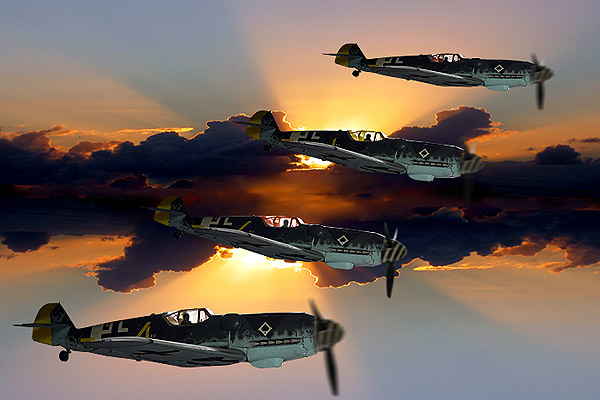 DIGITAL ART   A possible occurrence of the second World War.  4  Messersmit  ME-10G BF  of the Luftwaffe. now at static display at the Sinsheim Museum Germany.   Photoshop 7.0 did made them fly again! 