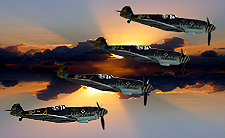 DIGITAL ART   A possible occurrence of the second World War.  4  Messersmit  ME-10G BF  of the Luftwaffe. now at static display at the Sinsheim Museum Germany.   Photoshop 7.0 did made them fly again! 