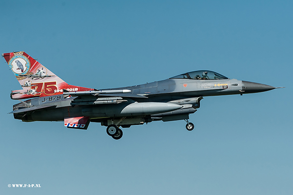 F-16AM  J-879 from 322 sqn special tail scheme celebrating the 75th anniversary of the squadron in April of 2018. at Leeuwarden-07-2018