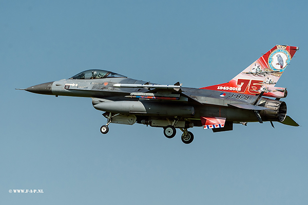 F-16AM  J-879 from 322 sqn special tail scheme celebrating the 75th anniversary of the squadron in April of 2018. at Leeuwarden-07-2018