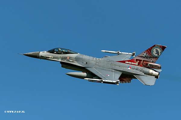 F-16AM  J-879 from 322 sqn special tail scheme celebrating the 75th anniversary of the squadron in April of 2018. at Leeuwarden-07-2018