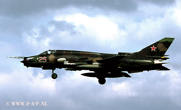 Su-17M4 Fitter   the 25    The Fitters of 730 ABIP at Neuruppin were sent back to Russia in May 1991. The runway of this base ended very close to a busy road, Russian soldiers had to stop traffic when aircraft were on finals. This photo was taken when hiding behind some bushes to stay out of sight of the soldiers. 