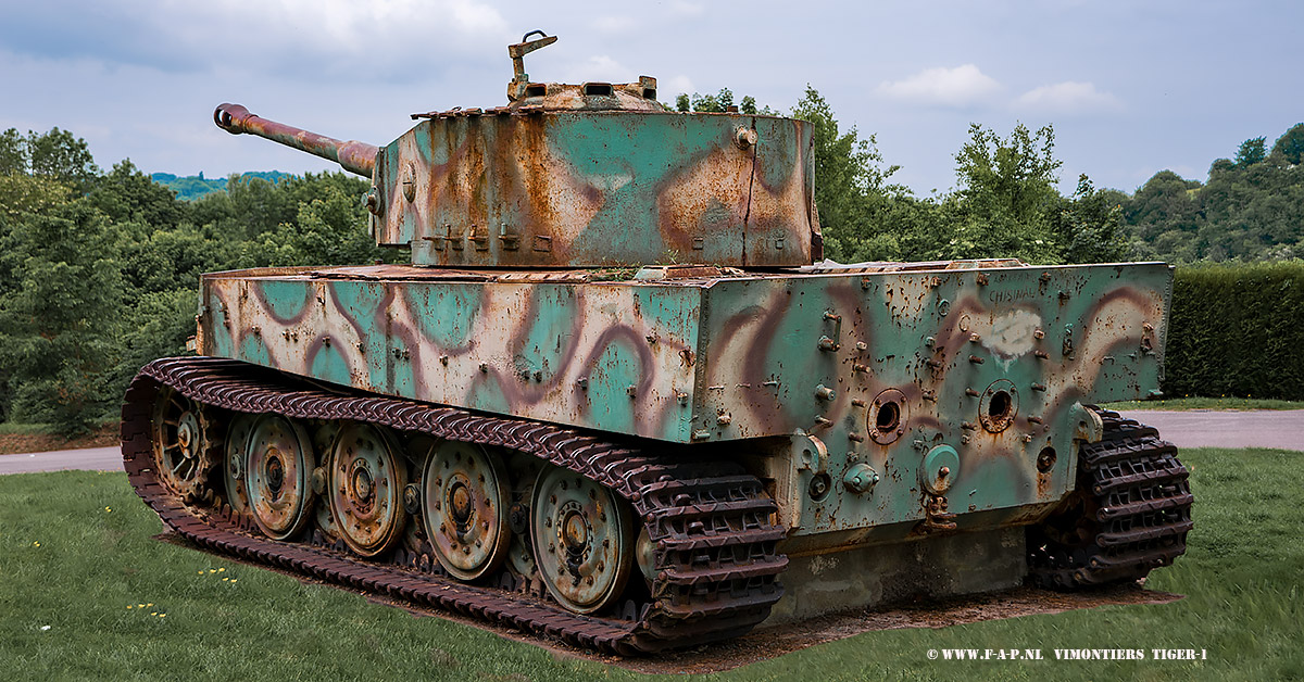 Tiger I Ausf E (Sd.Kfz. 181) Panzerkampfwagen,224 at Vimoutiers at Normandie France, 24-05-2015 of the 2.s SS Panzer Abteilung 102 .No: 251113 of the s.SS-Pz.Abt. 102. On the 19 August 1944  their own crew tried to blown her up, after they had ran out of fuel, shortly after the allied advance in Normandy.