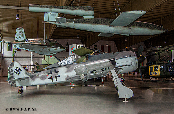 Focke-Wulf Fw-190D-9   c/n-210968- Built by Focke-Wulf in Bremen in 1944, this aircraft no 682068 , belonging to 16./JG 3 at Gtersloh, was shot down by P-47s at Pulheim near Cologne on 17 December 1944. The pilot, Lt Rolf Lahne, was probably killed but no human remains were found when the wreck of his Fw 190A-8/R2 was unearthed. It has been restored using original and new Flugwerk parts, including a BMW 801S-1 engine belonging to a Fw 190A-9, and is now on display at the Luftwaffenmuseum Gatow 22-12-2019