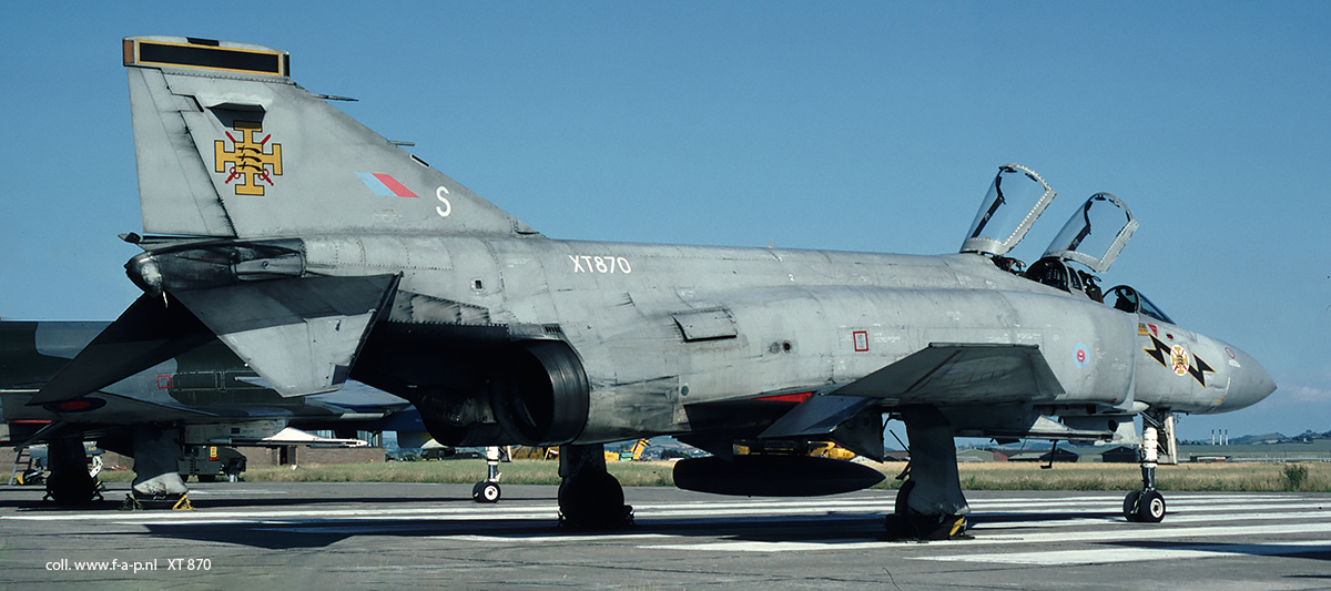 McDonnell Douglas F-4K Phantom FG1  XT-870  c/n-2646  Of 111 Squadron, RAF Leuchars. This aircraft ended it's days at a scrapyard in Glasgow. Date 10 August 1984 