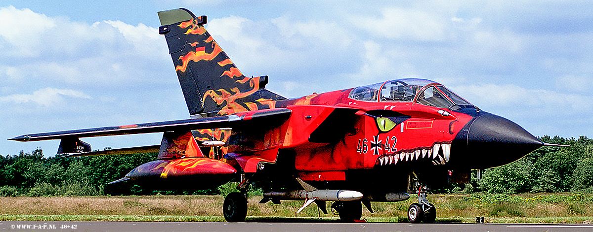  Panavia Tornado ECR  46+42 c/n-866/GS275/4342 JaboG-32 'Monster Jet 2002' Kleine Brogel (B) Tiger Meet, July 2002. Note: Crashed shortly after take-off following collision with trees 