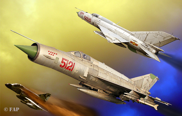 DIGITAL ART 5020 A MiG-21-PFM from Vietnam Air Force now displayed in the Air Force Museum Hanoi Vietnam.. 12 victories are marked on the nose. One of them is known to be US Air Force F-4E 67-0296, shot down on July 5th, 1972 by Nguyen Tien Sam./ 5121 A MiG-21-MF marked with eight victories. One of the victories is claimed to be a B-52D, shot down on December 27th, 1972 by Pham Tuan of the Vietnam Air Force. The Phantom  F-J. one of  VF-96 US.Navy.