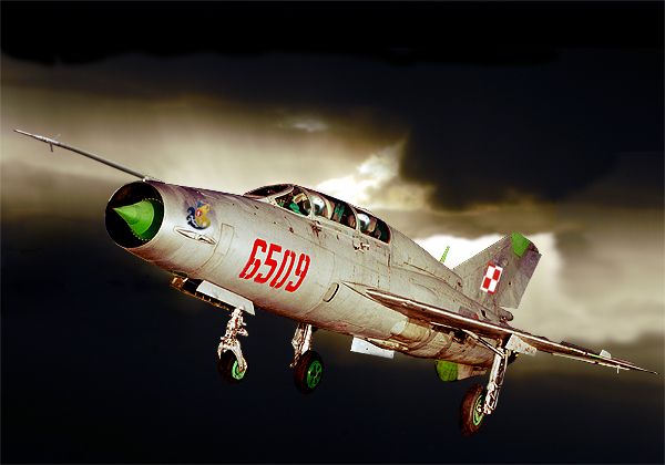 DIGITAL ART  MiG 21 UM  of the Polisch Air Force  the 6509 of the 1ste PLM  of Minsk Mazowieki Air Base Poland. I photograph this MiG in a play garden in the North of the Netherlands!. Nikon 80/200 2,8.ED lens  focal lenght 180MM 1/500 Sec F-5,6 200 ISO.  Photoshop 7.0 did made her fly .